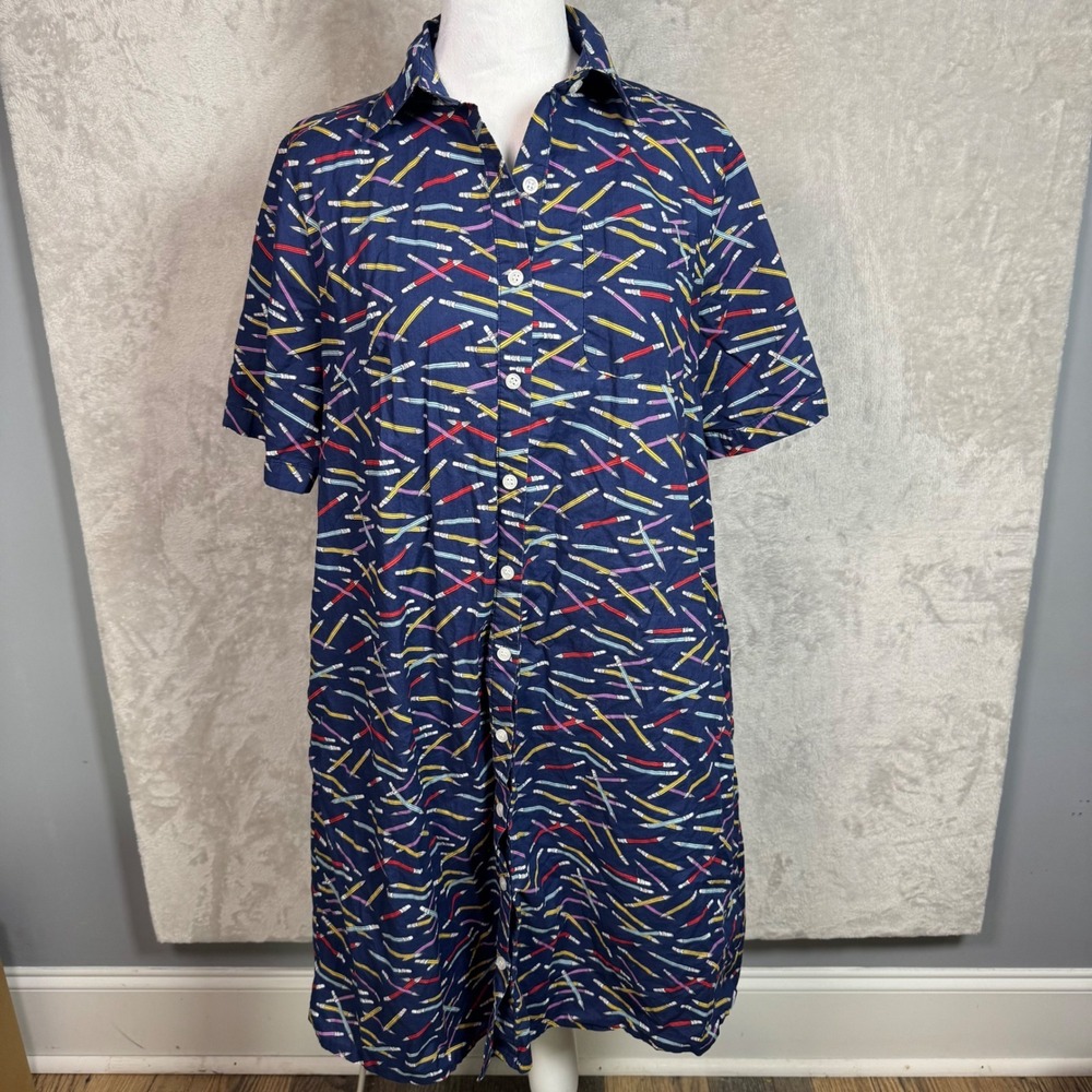 Frock Shop Pencil Print Button Front Shirt Dress L Navy Blue Short Sleeve Cotton